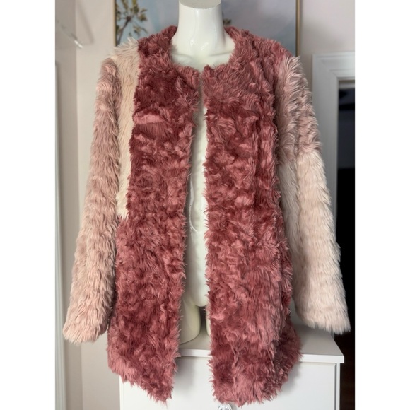 Daya By Zendaya Pink Color Block Patchwork Faux Fur Coat Glam Jacket Size Large - Picture 1 of 10